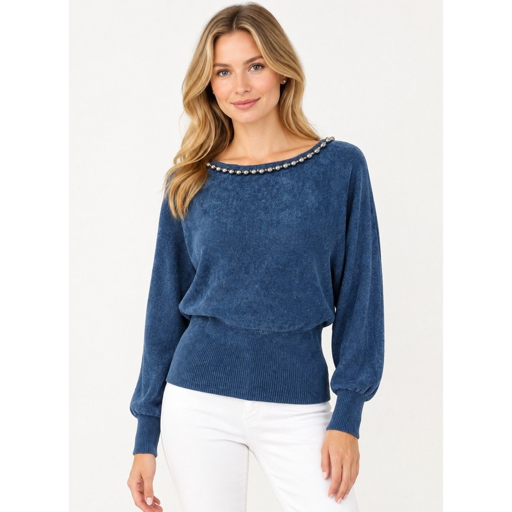 White House Black Market Blue Chenille Beaded Dolman Sleeve Sweater L